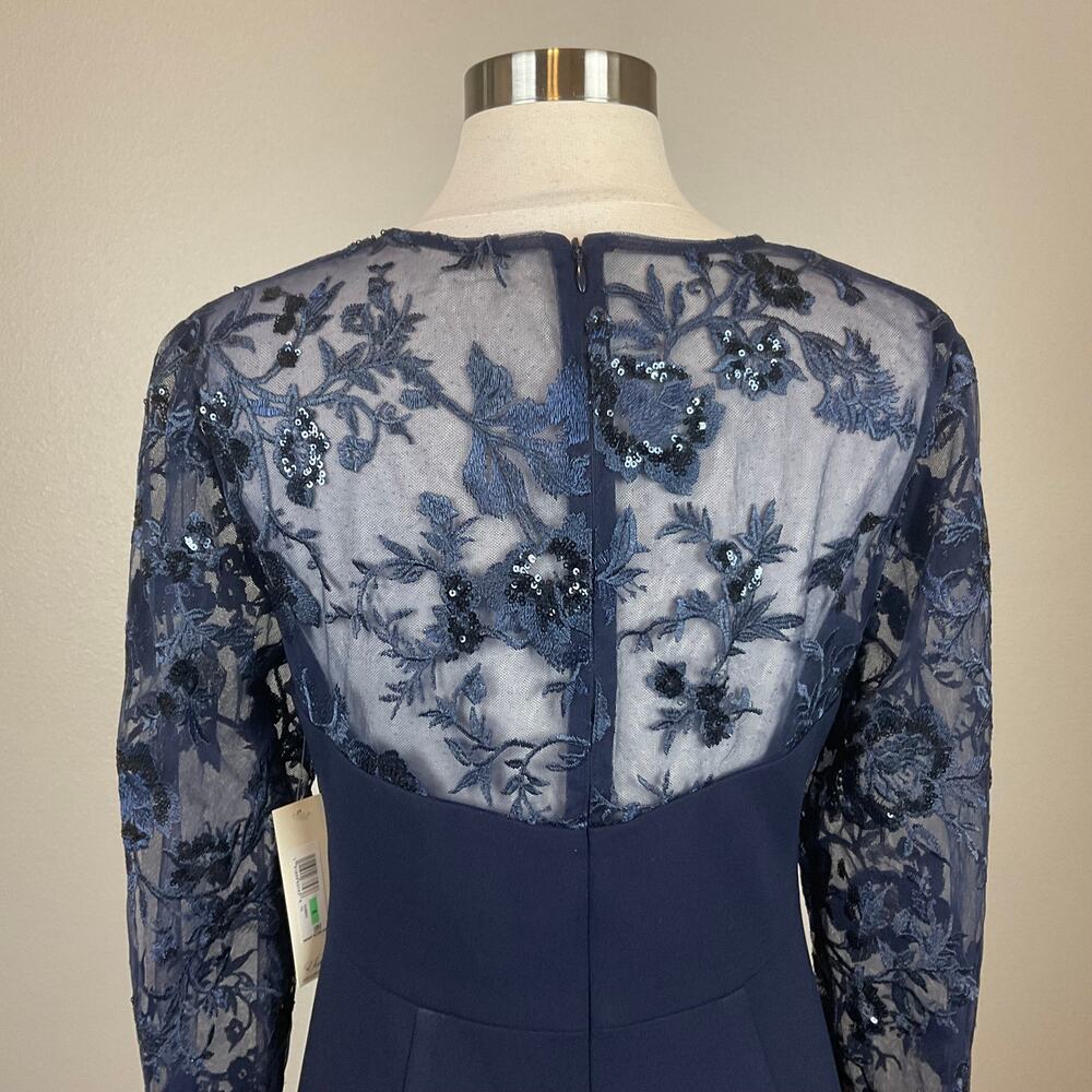 Eliza J Blue Evening Gown Sequined Lace Long Sleeve A-Line Formal Dress Size 14 - Picture 9 of 12